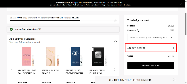 Armani Beauty shopping cart with a highlighted discount box