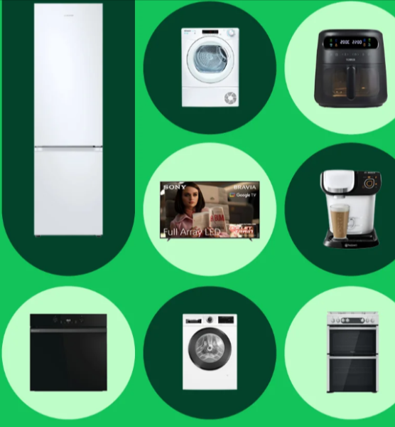 A collage of appliance including a fridge, TV, washing machine stove, coffee machine