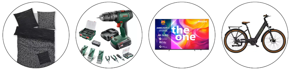 Vier Bilder mit jeweils verschiedenen Produkten wie ein Akkubohrer, Bettwäsche, ein TV und ein Fahrrad