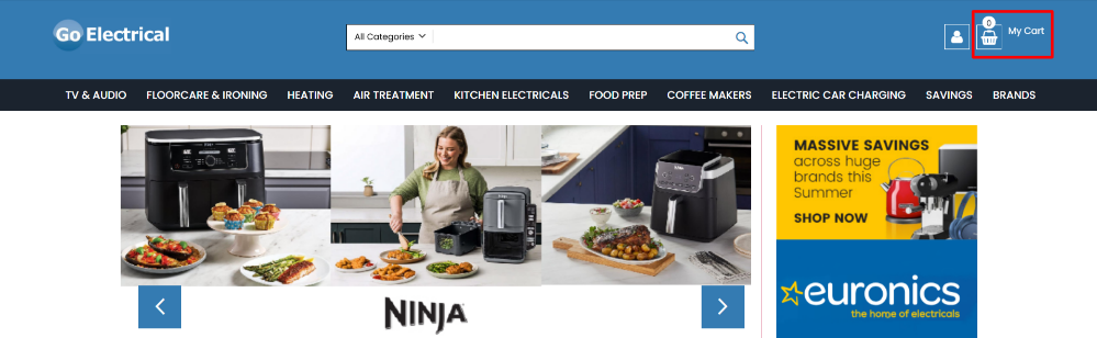 The Go Electrical website and the shopping categories
