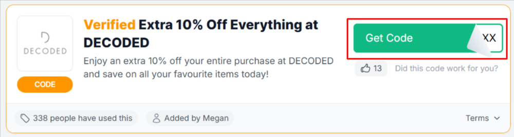 A DECODED voucher code with "Get Code" in a red box