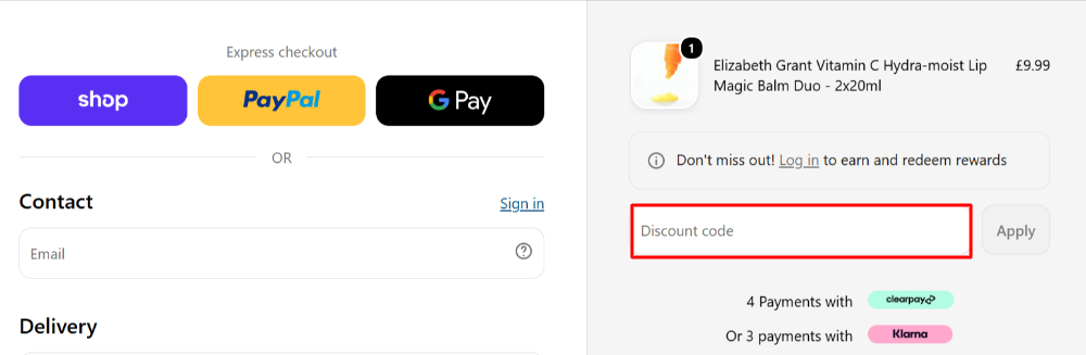 The checkout page with where to paste the Ideal World discount code in a red box