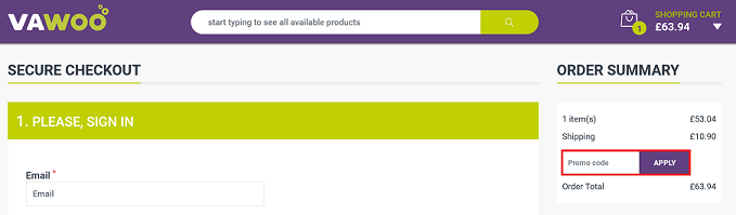 image showing the promo code box on Vawoo's checkout page