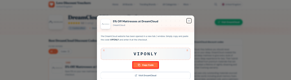A discount code on Love Discount Vouchers with the copy code highlighted with a red box