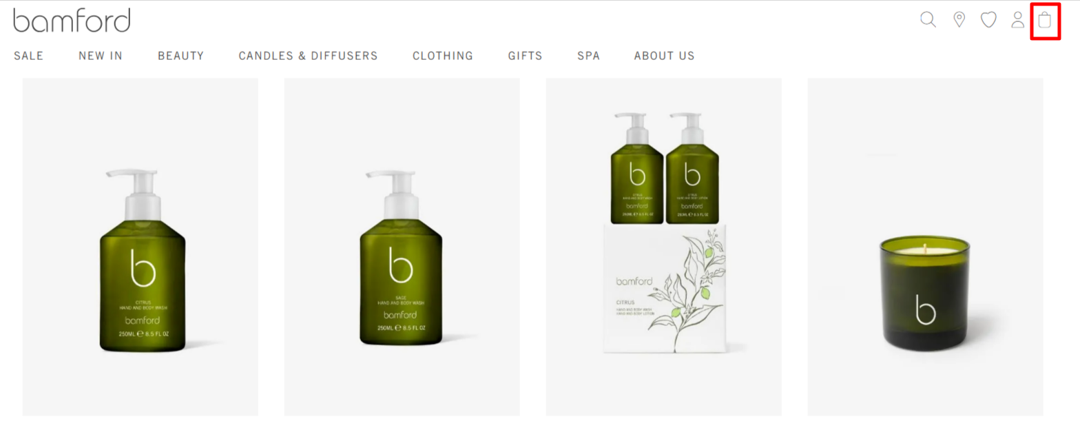 The Bamford shopping page and the basket icon at the top right-hand corner