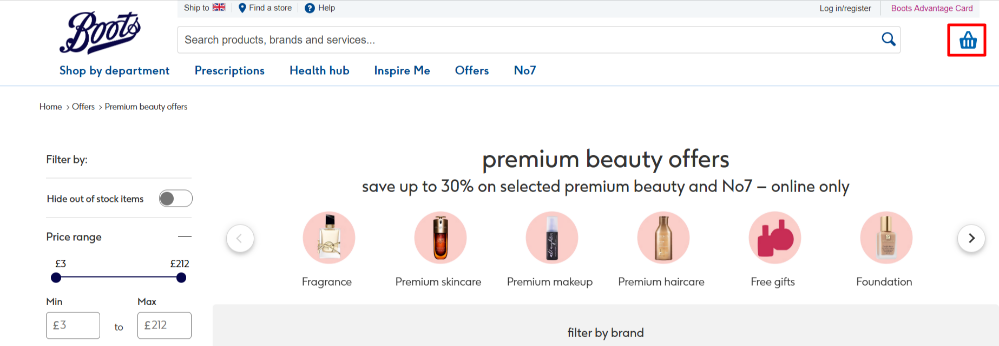 The Boots home page, the shopping categories, and the shopping basket highlighted with a red box