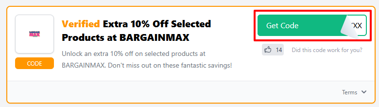 A BARGAINMAX voucher code with "Get Code" in a red box.