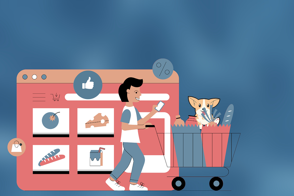 Grafik eines Mannes mit Einkaufswagen neben einem Online-Shopping-Screen