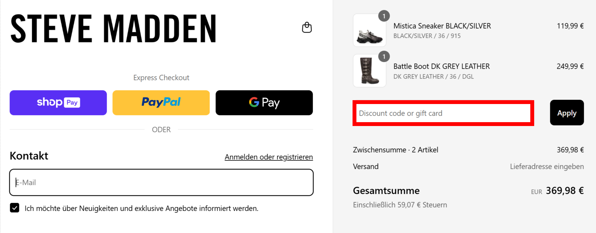Checkout von Steve Madden mit einem rotmarkiertem Eingabfeld für den Gutschein