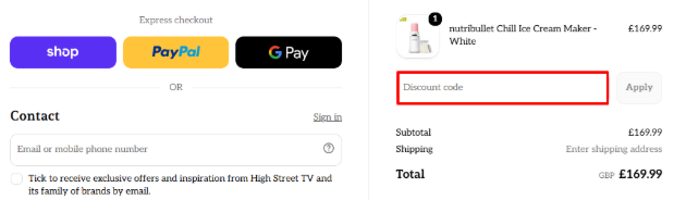 A box where you can add your High-Street TV promo code to redeem it