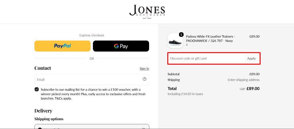 The checkout page for Jones Bootmaker, where you paste the code