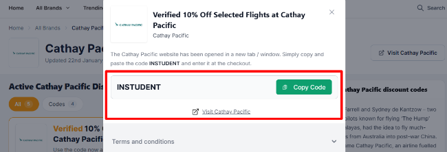 reveal Verified 10% discount Selected Flights at Cathay Pacific
