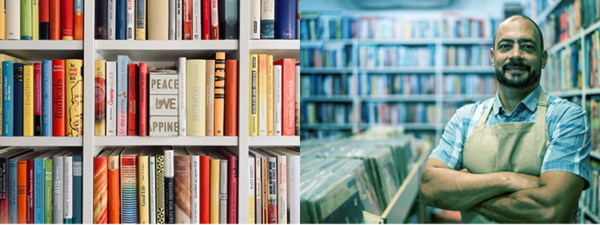 Zwei Bilder mit vollen Bücherregalen und einem Mannn mit verschrenkten Armen
