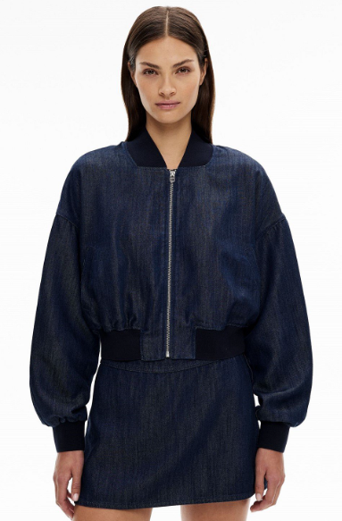 Women's coats and jackets: A model wearing a denim bomber jacket