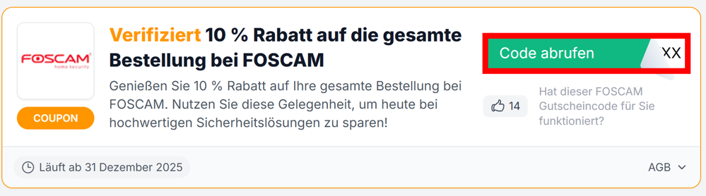 Angaben zu einem Rabattcode für FOSCAM mit rotmarkierten grünen Button