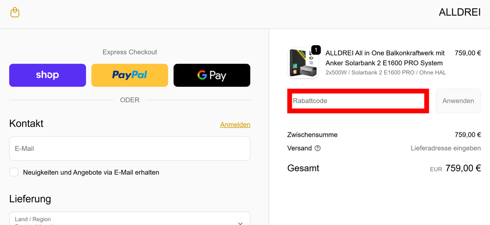 Check-out von ALLDREI mit rotmarkiertem Eingabefeld für Rabattcodes