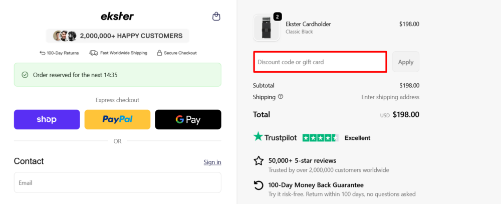 The checkout page shows where to apply your Ekster discount code
