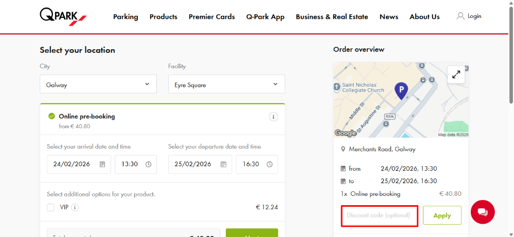 Q-Park checkout page where you apply your Q-Park discount code