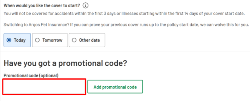 The checkout page showing where to apply your Argos Pet Insurance voucher code