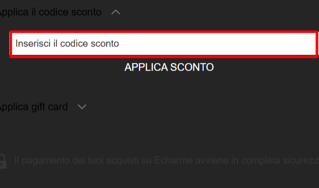 carrello del sito ufficiale eCharme dove inserire un codice sconto eCharme ed applicarlo