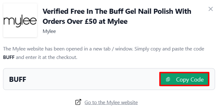 Mylee page on Love Discount Vouchers where you copy the code highlighted in red box