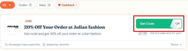 get code discount code for Julian fashion clothing