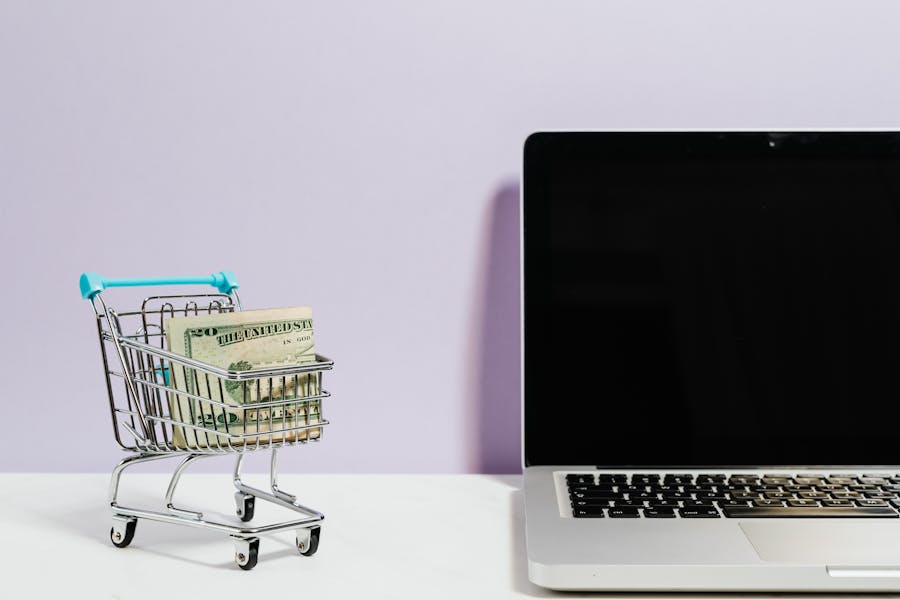 Shopping cart with money in it with a laptop next to it