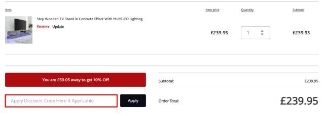 A box where you can add your Furniture in Fashion voucher code to redeem it