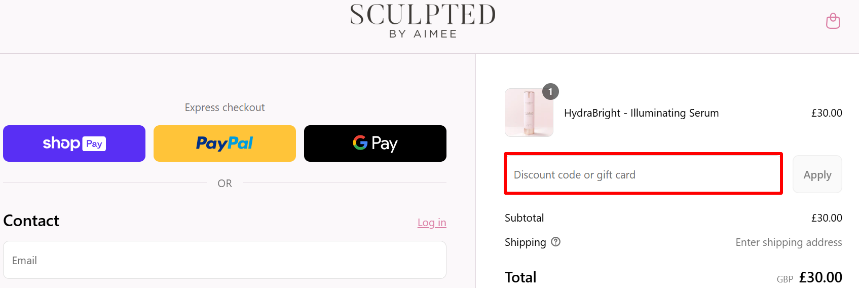 The checkout page showing where to apply your Sculpted By Aimee Connolly voucher code