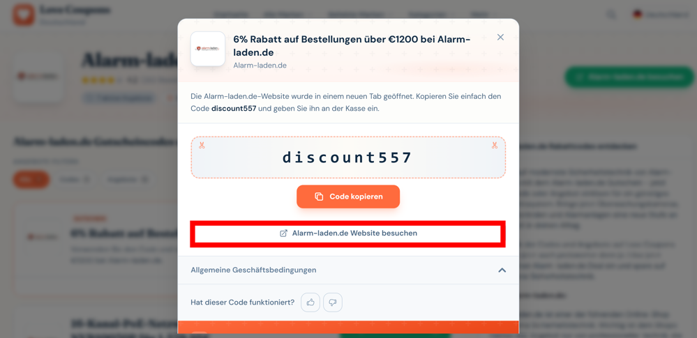 Ein offener Gutschein für Alarm-laden.de mit rotmarkiertem Link