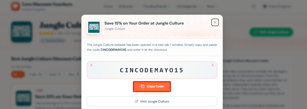 Choosing a Jungle Culture voucher code on Love Discount Vouchers