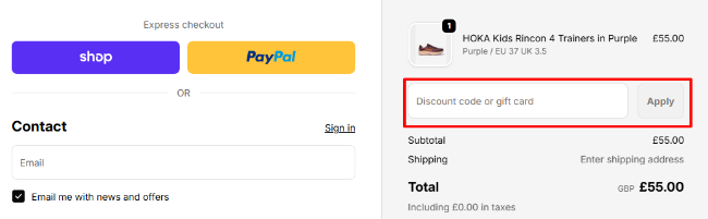A box where you can add your Childsplay Clothing voucher code to redeem it
