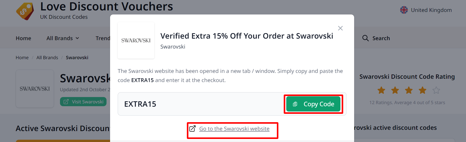 The red highlighted red box showing the link that automatically takes you to Swarovski website