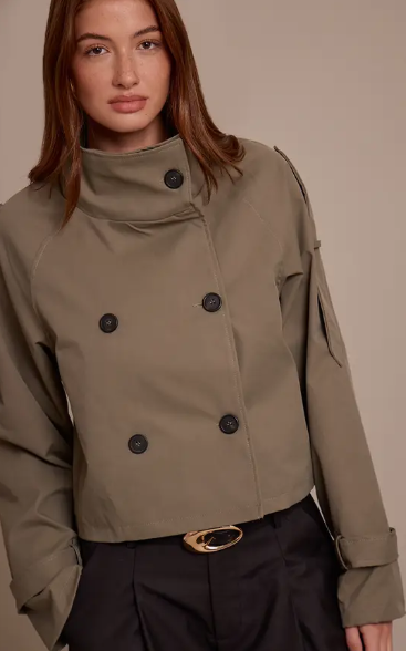 Winter fashion 2026: A model in the Olive Double Breasted Funnel Neck Cropped Trench Coat