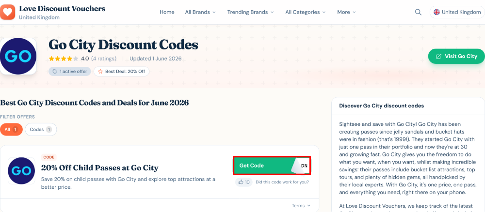 The page where you copy a Go City code