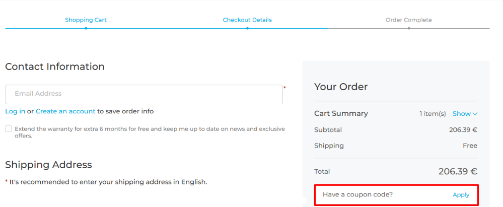 Reolink promo code place shown in the checkouut page