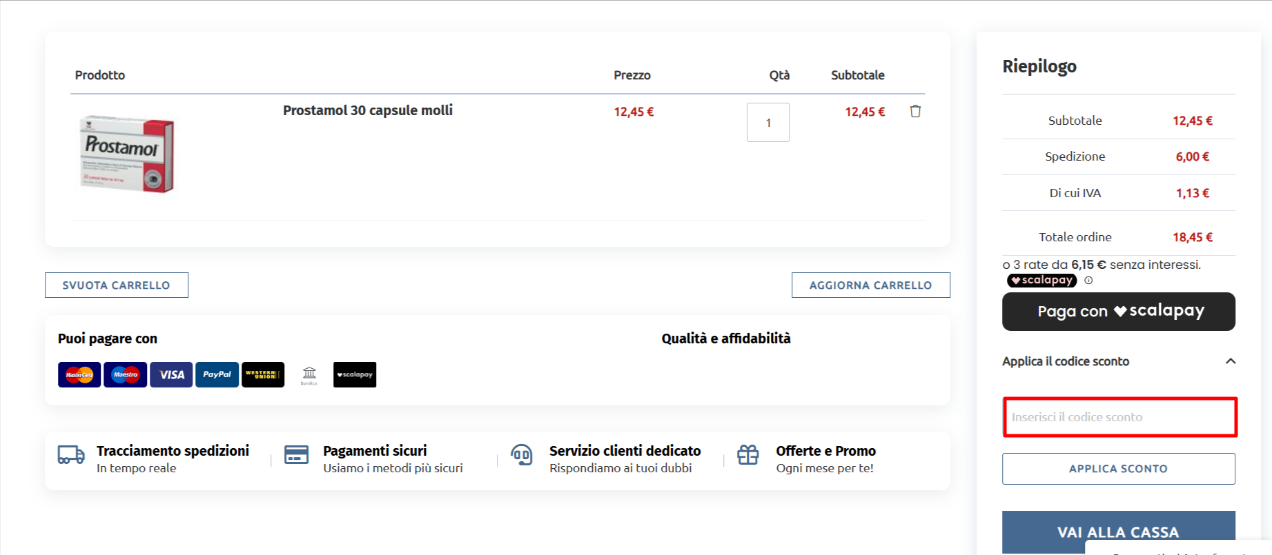 carrello della piattaforma ufficiale Astonfarma dove poter inserire il codice sconto Astonfarma nell'apposito spazio