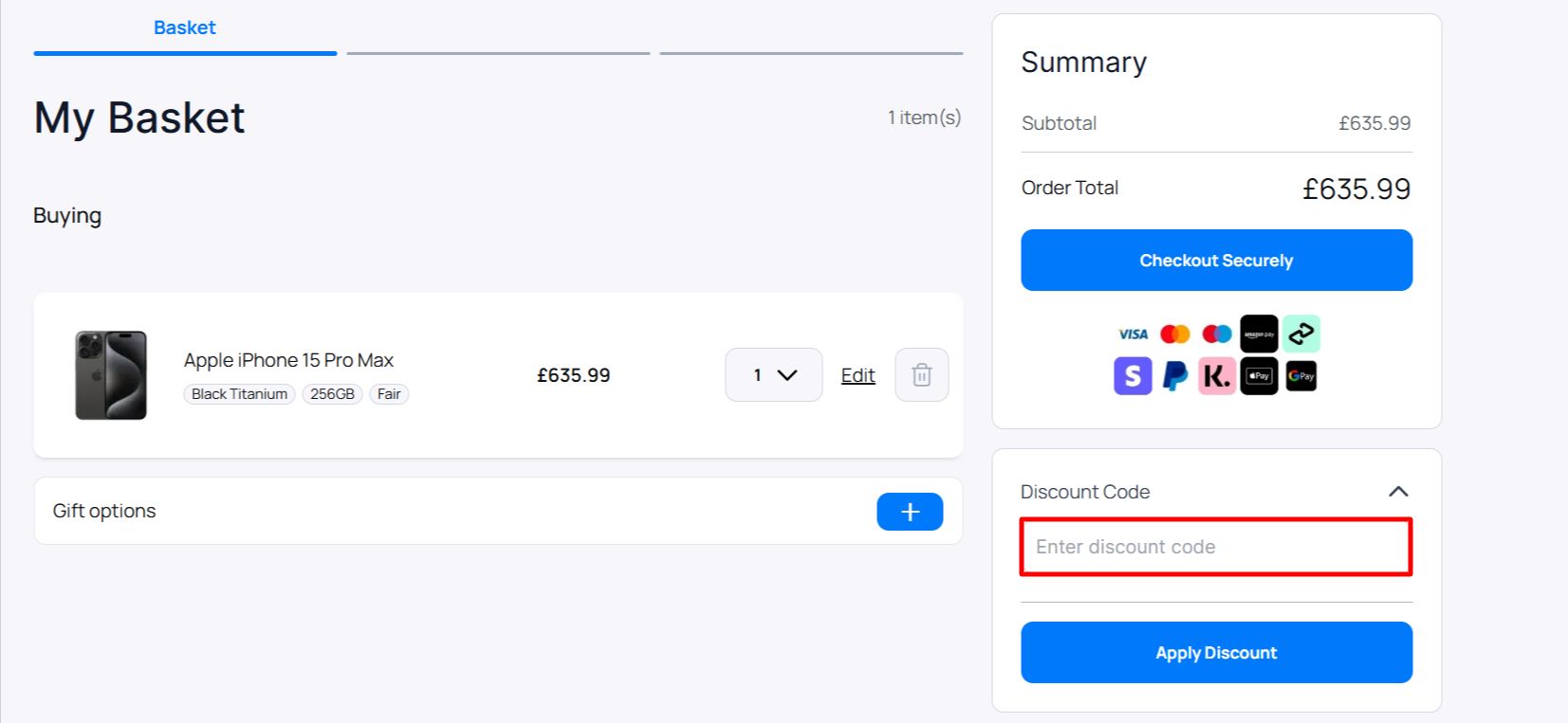 The 4Gadgets checkout page with where to paste the 4Gadgets voucher code highlighted in a red box.