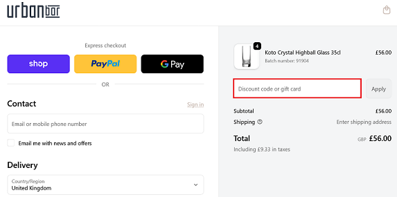 image showing the Urban Bar checkout page with the discount code box bordered in red