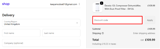 A box where you can add your Devola voucher code to redeem it