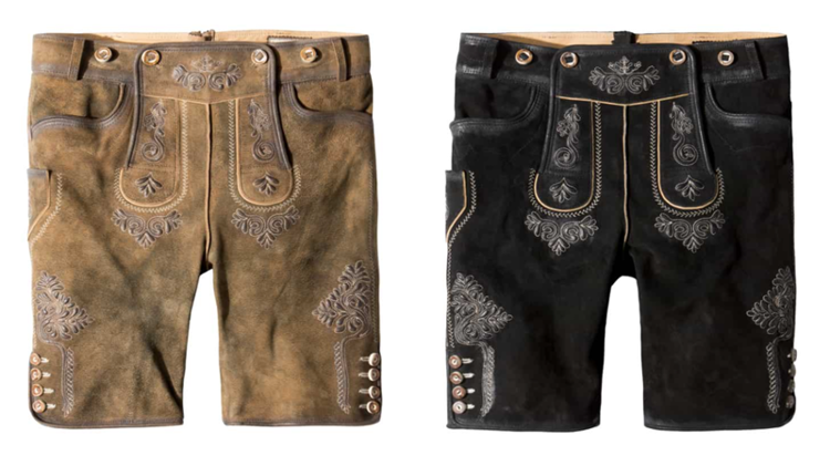 Zwei Lederhosen von Stockerpoint in jeweils anderer Farbe