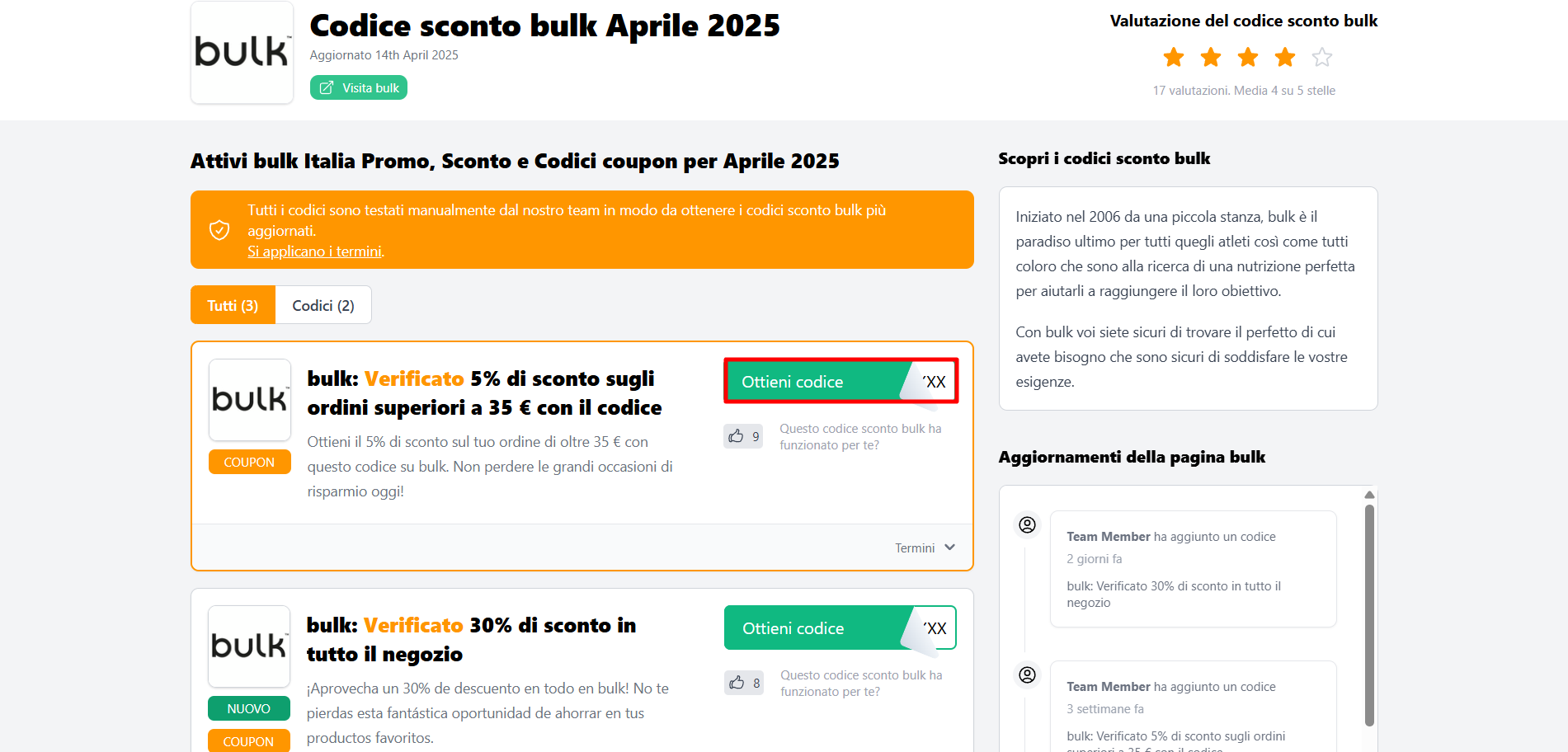 codice sconto bulk da poter prelevare per usufruire dei risparmi direttamente sul sito ufficiale bulk