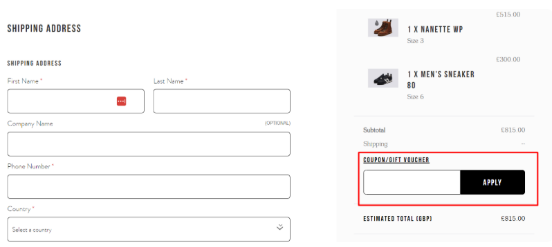 Applying a Grenson promo code at checkout to save money.