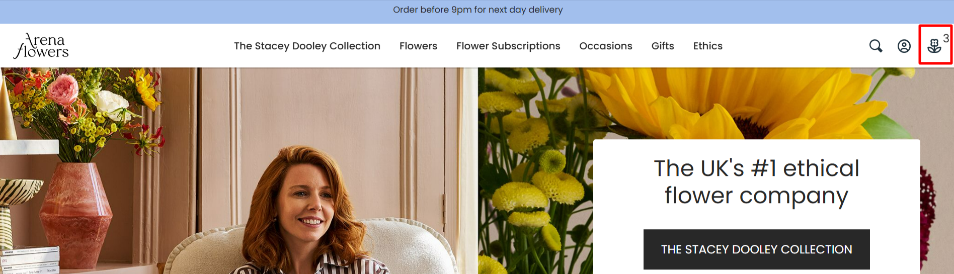 The Arena Flowers shopping page and the different shopping categories.