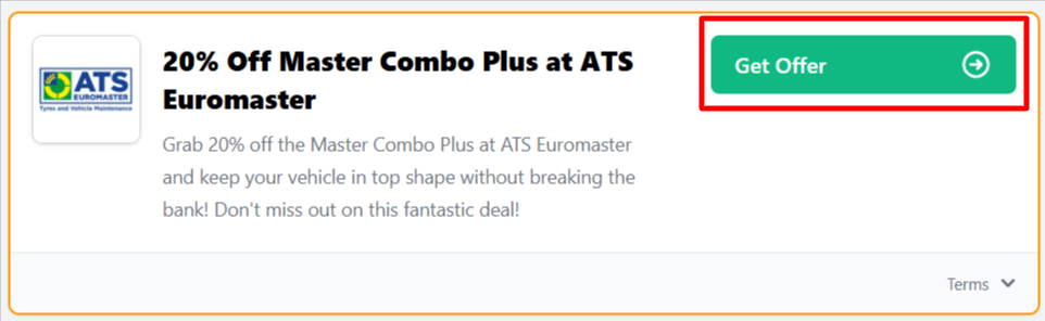 An ATS Euromaster offer with "Get Offer" in a red box.