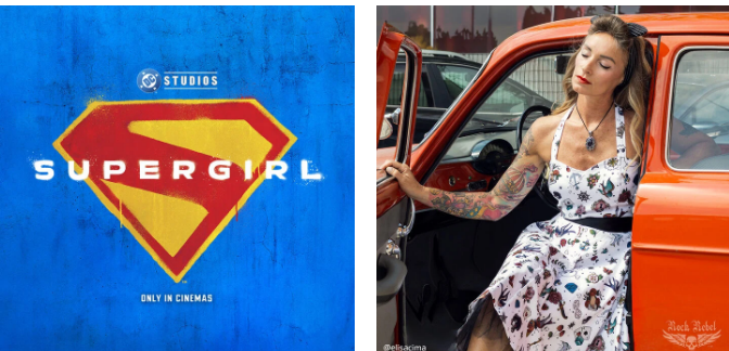 ropa de EMP de supergirl y chica en un coche rojo