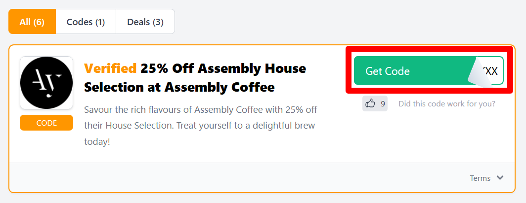 The Love Discount Vouchers page shows Assembly Coffee promo codes and offers to use on your purchase.