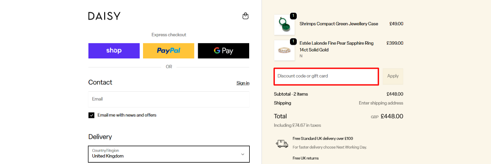 The Daisy checkout page