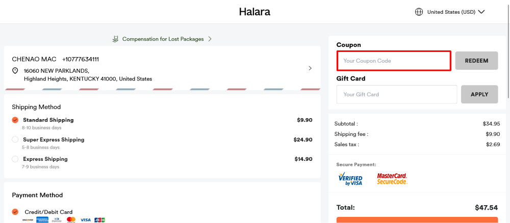 The checkout page for Halara, where you paste the code