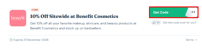 A box will show the Benefit Cosmetics voucher code